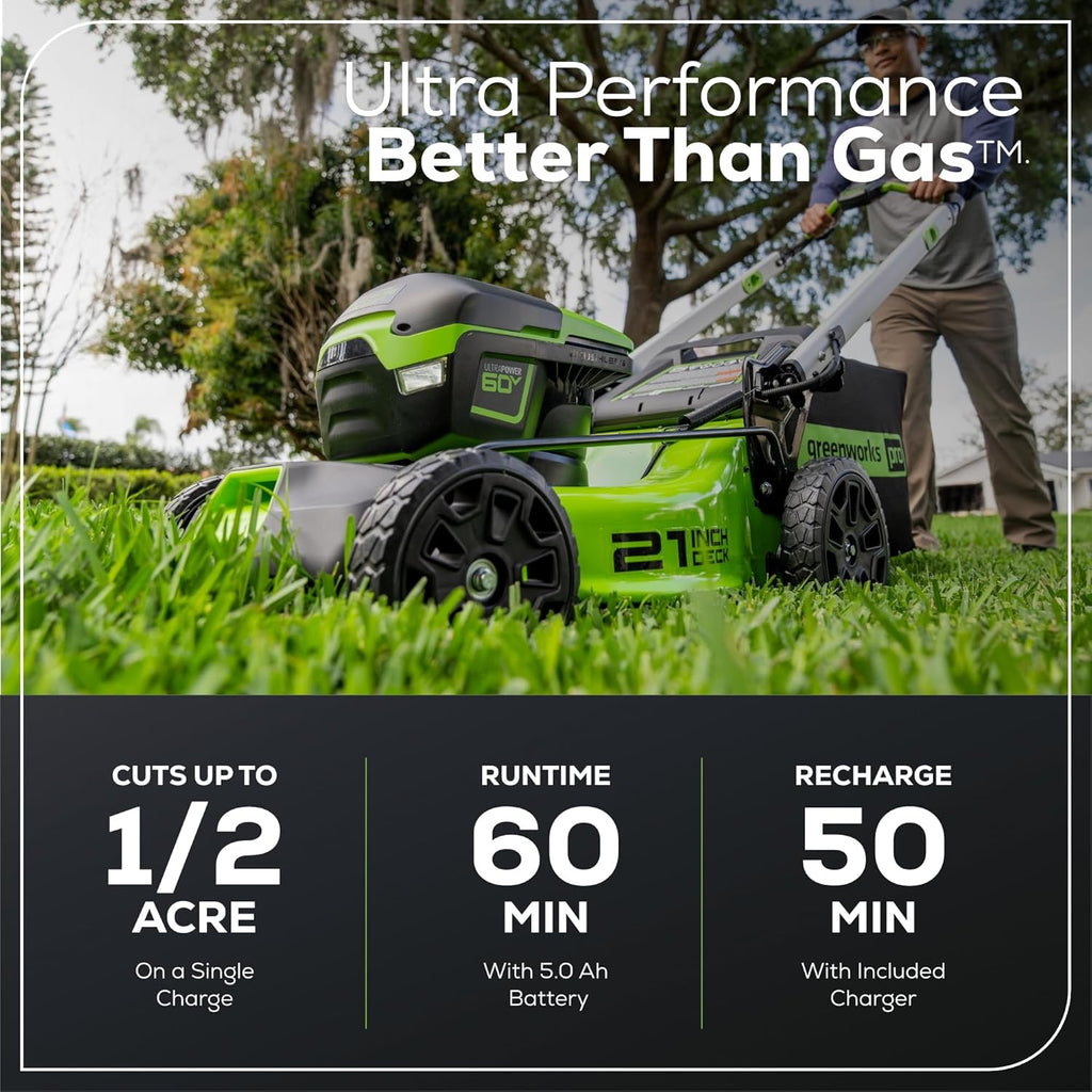 Tondeuse à gazon à gazon sans fil Greenworks 60V 21 – Batterie 5,0 Ah et chargeur rapide (Compatibilité avec plus de 75 outils, autonomie de 60 minutes)