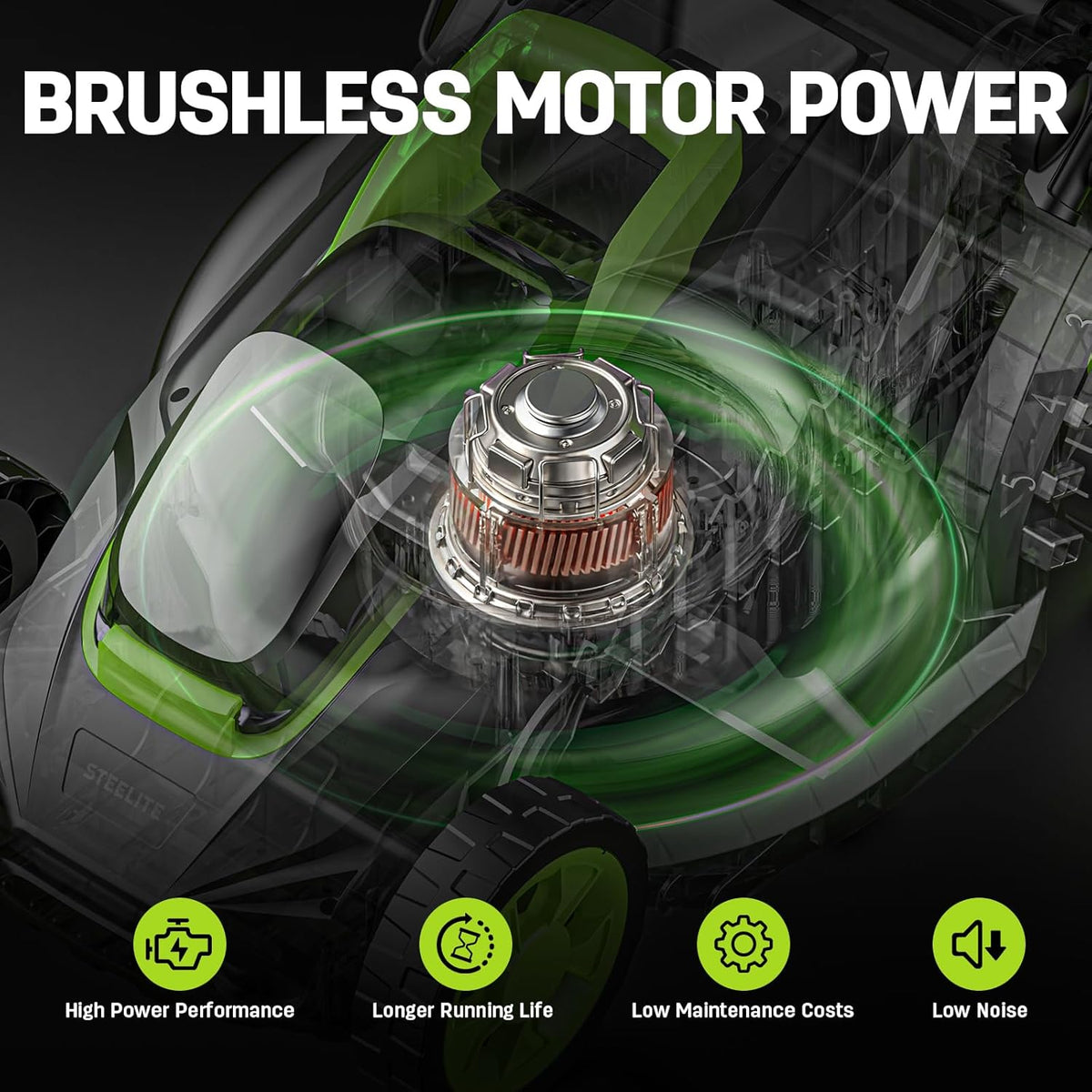Tondeuse à gazon à gazon électrique sans fil STEELITE 13 pouces, tondeuse à pousser à batterie sans balais 21 V avec batterie 4,0 Ah et chargeur, réglage de la hauteur de coupe sur 5 positions, sac de ramassage de 8 gallons