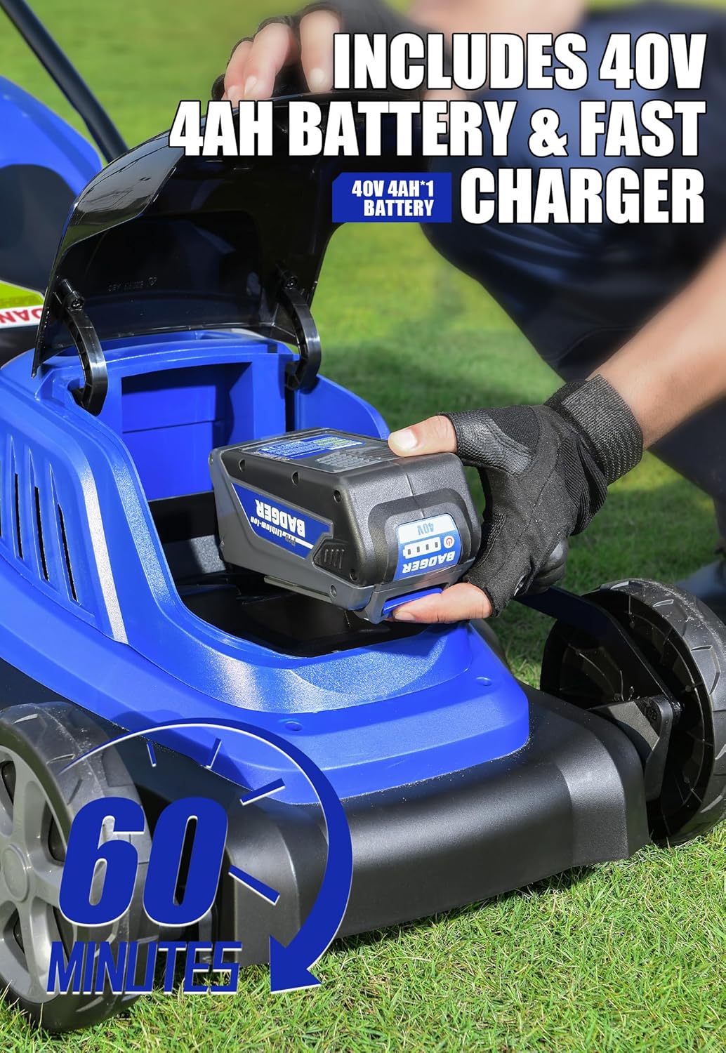 Tondeuse à gazon à gazon sans fil Wild Badger Power 40 V 18″, sans balais, 5 445 pi²/0,125 A, 1 batterie de 4,0 Ah et chargeur rapide, 5 hauteurs de coupe, pour pelouses de petite à moyenne taille.