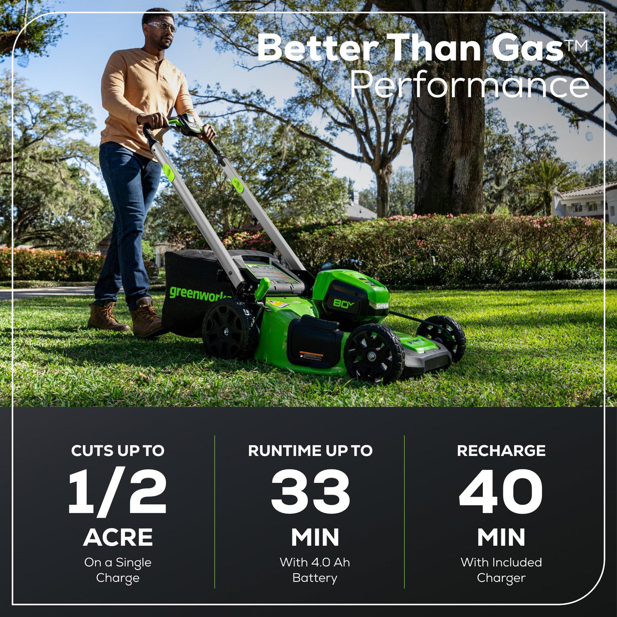 Tondeuse à gazon à gazon sans fil autotractée GREENWORKS 80V avec batterie