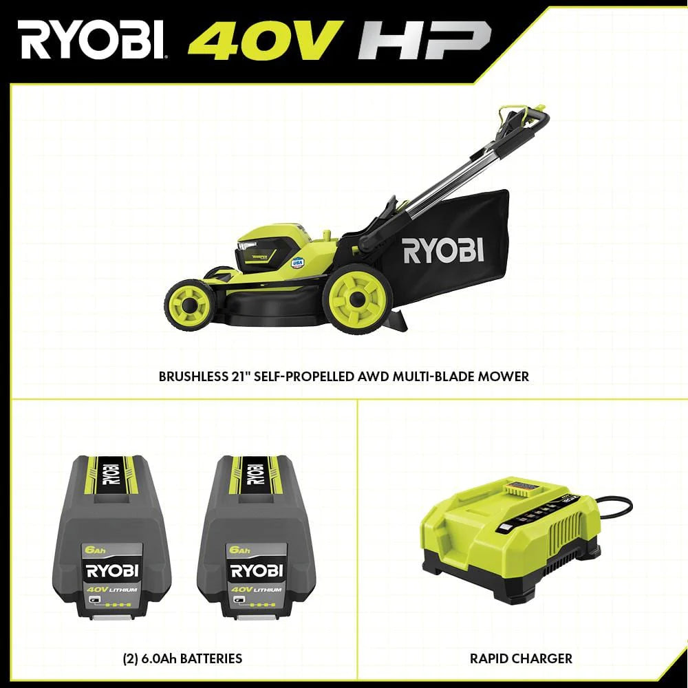 Tondeuse à gazon à gazon autotractée Ryobi Whisper Series 40 V HP sans balais de 53 cm (21 po) avec 4 roues motrices et moteur brushless. Comprend (2) batteries de 6,0 Ah et un chargeur.