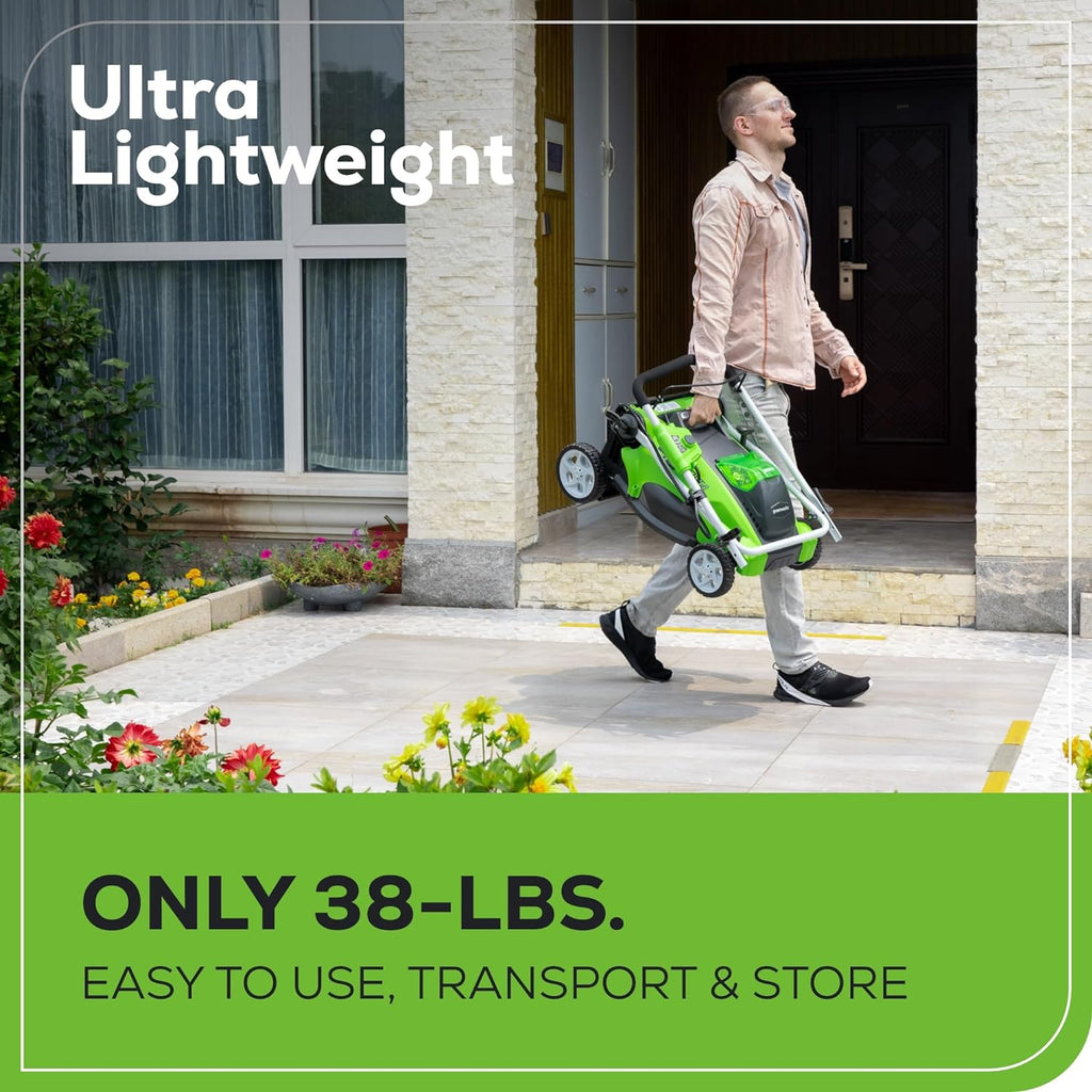 Tondeuse à gazon à gazon sans fil Greenworks 40V 16" ultra-légère à pousser avec batterie 4,0 Ah et chargeur (compatible avec plus de 75 outils, autonomie de 45 minutes)