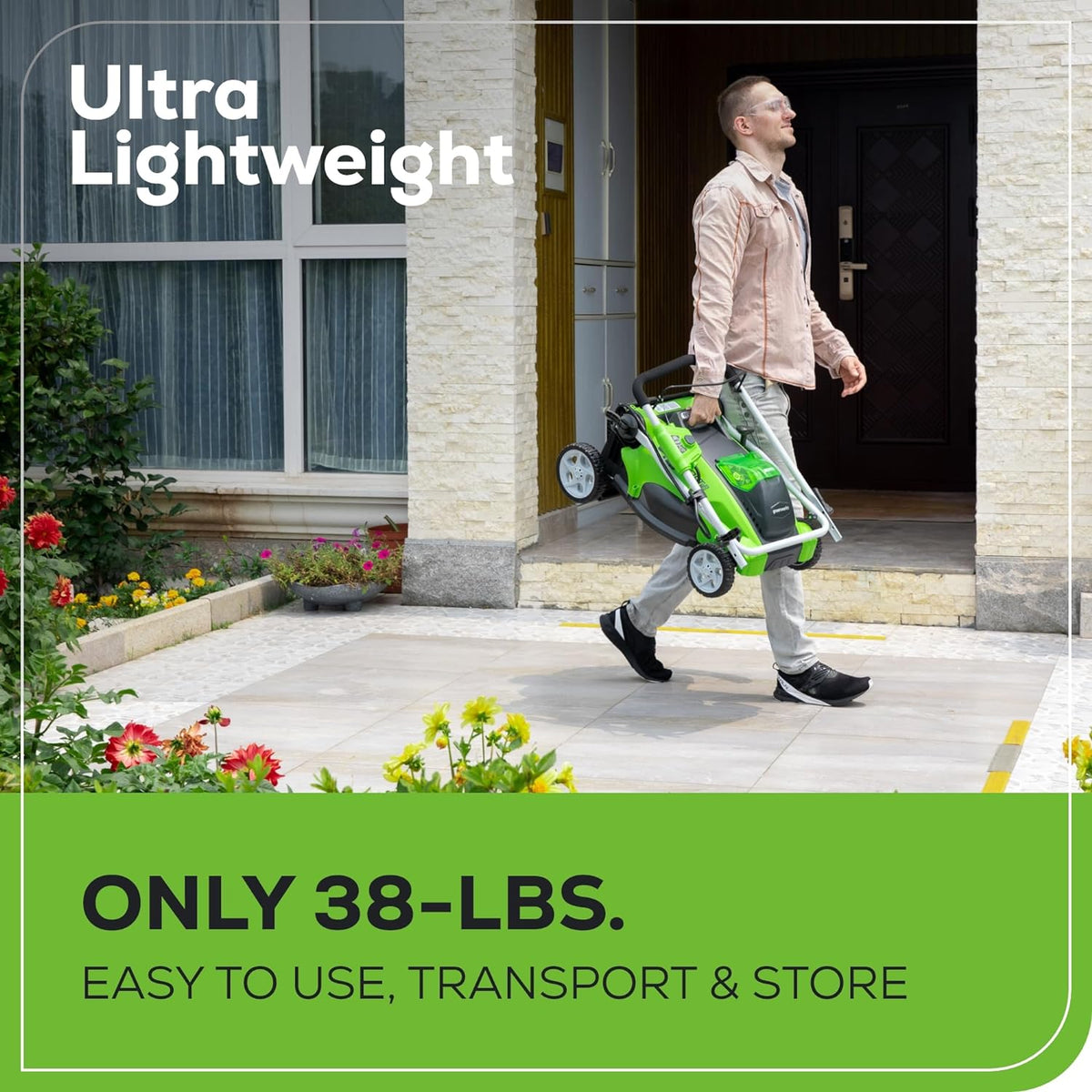 Tondeuse à gazon à gazon sans fil Greenworks 40V 16" ultra-légère à pousser avec batterie 4,0 Ah et chargeur (compatible avec plus de 75 outils, autonomie de 45 minutes)