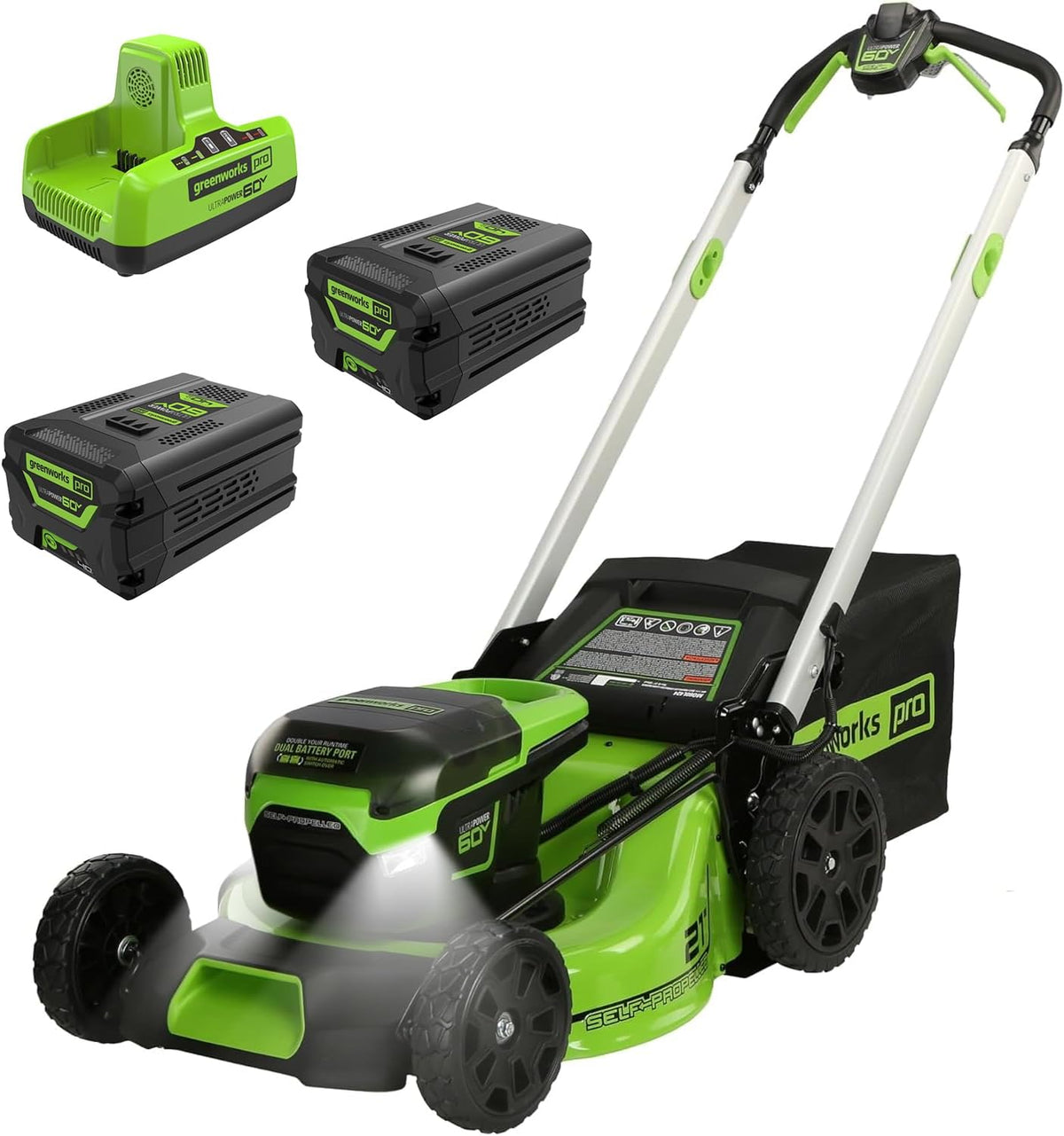 Tondeuse à gazon à gazon sans fil autotractée Greenworks 60V 21 avec moteur sans balais et éclairage LED. Comprend 2 batteries de 4,0 Ah et un chargeur rapide à double port (compatible avec plus de 75 outils, autonomie de 45 minutes).