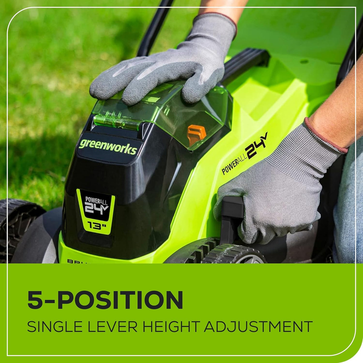 Tondeuse à gazon à gazon sans fil Greenworks 24 V 13" avec batterie 4,0 Ah et chargeur. Tondeuse à pousser sans entretien avec fonction mulching/ramassage 2 en 1.