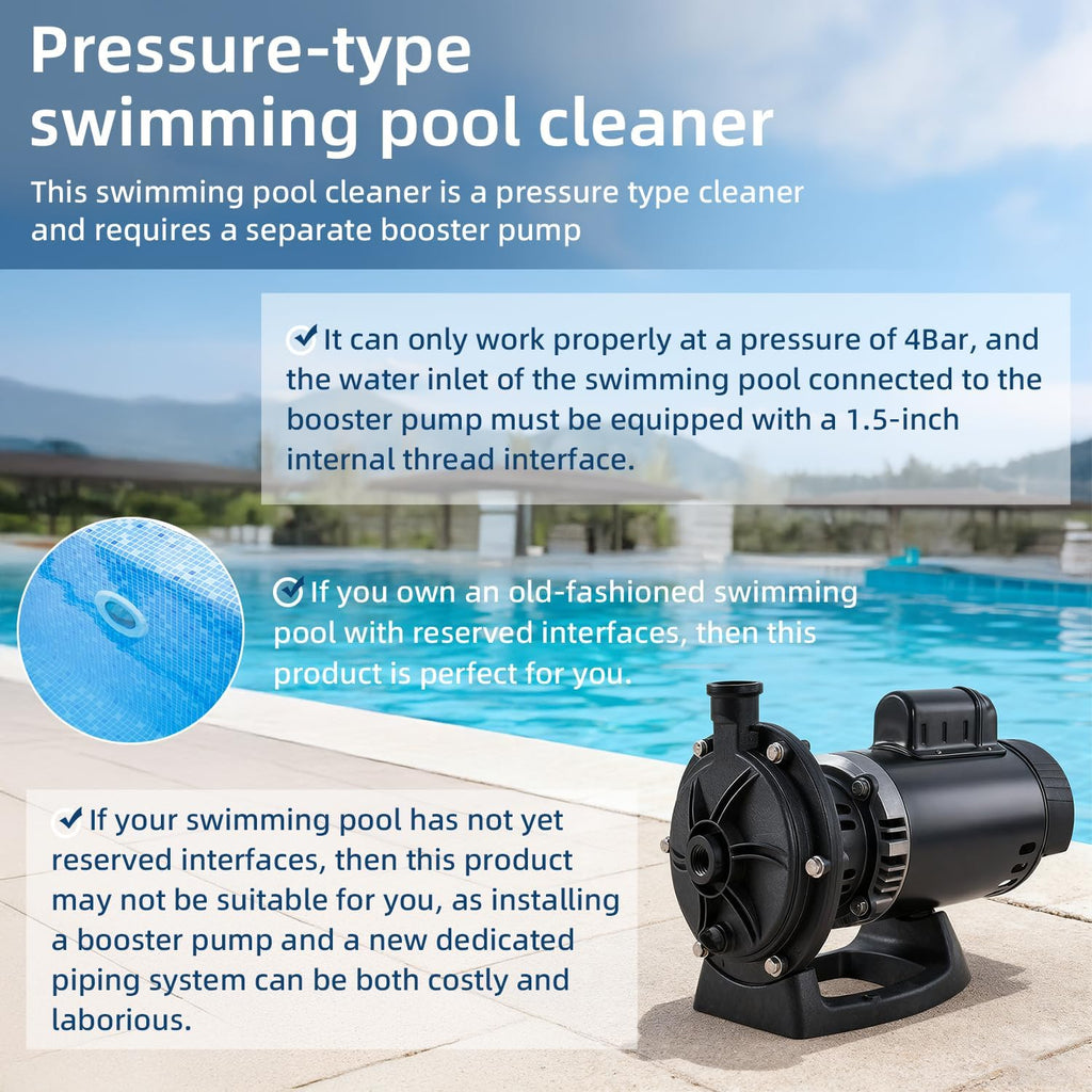Appareil de nettoyage de piscine sous pression MAKHOON Upgrade : Solution professionnelle pour le nettoyage de votre piscine (quatre roues valent mieux que trois). Nécessite une entrée de pompe de surpression à filetage femelle 1,5 pouce et une…