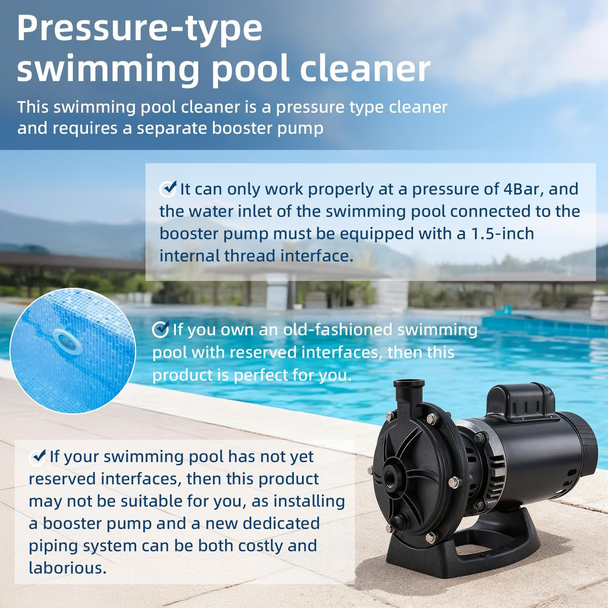Appareil de nettoyage de piscine sous pression MAKHOON Upgrade : Solution professionnelle pour le nettoyage de votre piscine (quatre roues valent mieux que trois). Nécessite une entrée de pompe de surpression à filetage femelle 1,5 pouce et une…