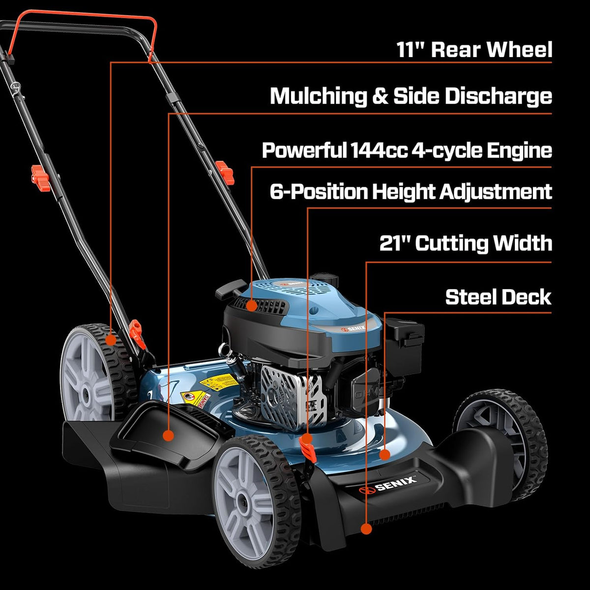 Tondeuse à gazon à gazon à essence SENIX 144 cm³, 53 cm (21 pouces), 2 en 1, poussée avec mulching et éjection latérale, moteur 4 temps, 6 hauteurs de coupe réglables pour jardin et cour.