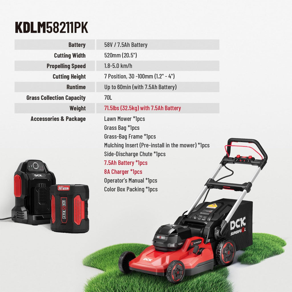 Tondeuse à gazon à gazon électrique sans fil 58 V 21 pouces, autotractée, moteur sans balais, 3 en 1 (tonte/ramassage/mulching), 7 hauteurs de coupe, pliable, éclairage LED, batterie 7,5 Ah et chargeur (60 min d'autonomie)