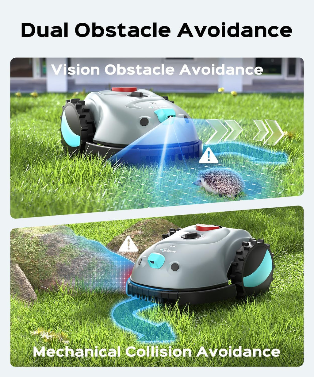 Tondeuse à gazon à gazon robot V100 avec navigation HD Vision, détection intelligente des obstacles, capteurs de collision, hauteur de coupe réglable, fonctionnement silencieux – idéale pour les petites pelouses jusqu'à 1 600 pi².