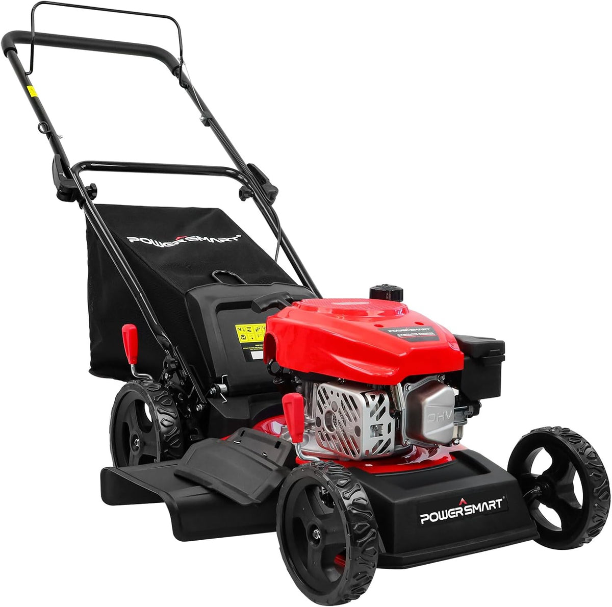 Tondeuse à gazon à gazon autoportée PowerSmart 18 po, moteur OHV 144 cm³, 3 en 1, à essence, avec réglage de la hauteur et sac de mulching.