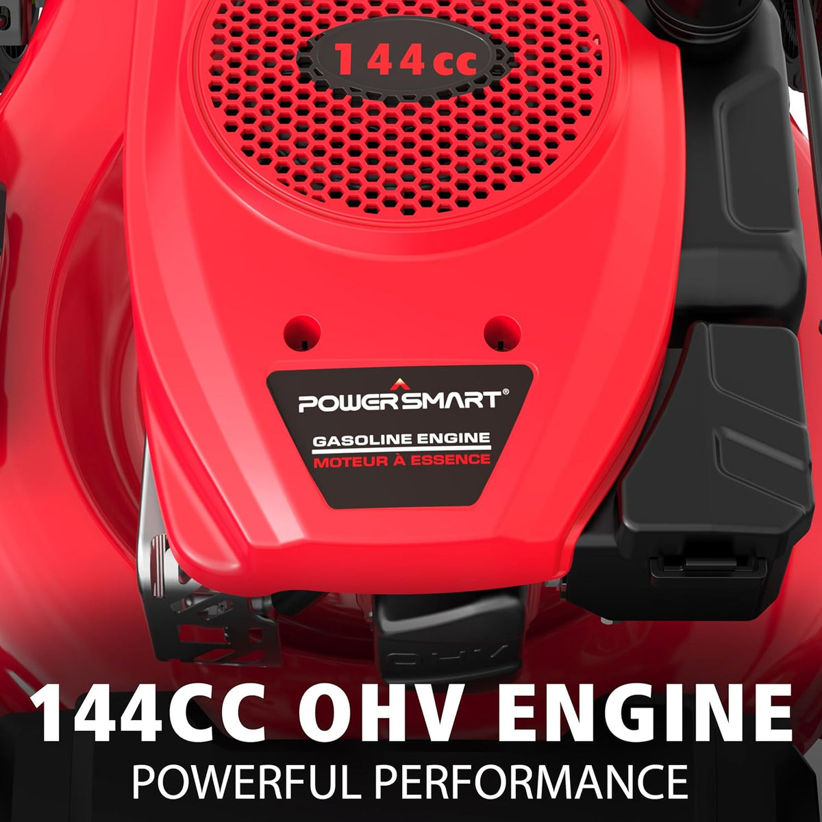 Tondeuse à gazon à gazon poussée PowerSmart 21 2 en 1, moteur 144 cm3, mulching, ramassage, grandes roues, légère et facile à monter, 6 hauteurs de coupe, idéale pour le jardin.