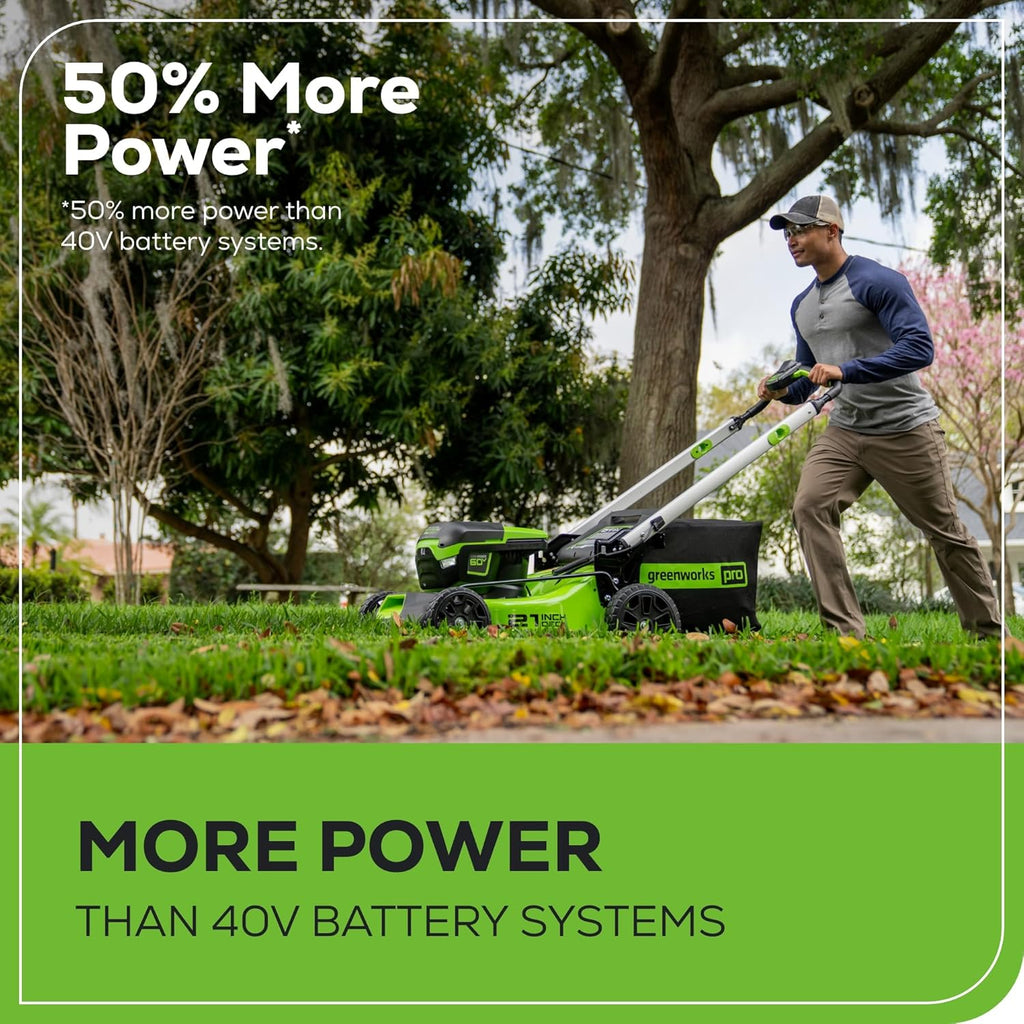 Tondeuse à gazon à gazon sans fil Greenworks 60V 21 (poussée), batterie 5,0 Ah (1/2 acre, chargeur rapide, 4 en 1, lumières LED, IPX4)