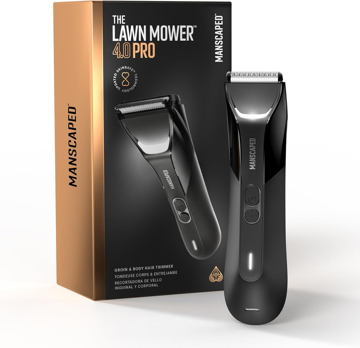 MANSCAPED® The Lawn Mower® 4.0 PRO - Tondeuse à gazon pour le maillot et le corps, lame SkinSafe® améliorée, étanche et utilisable sur peau sèche ou humide, compatible avec la recharge USB-C et sans fil, rasoir intime pour homme avec verrouillage de