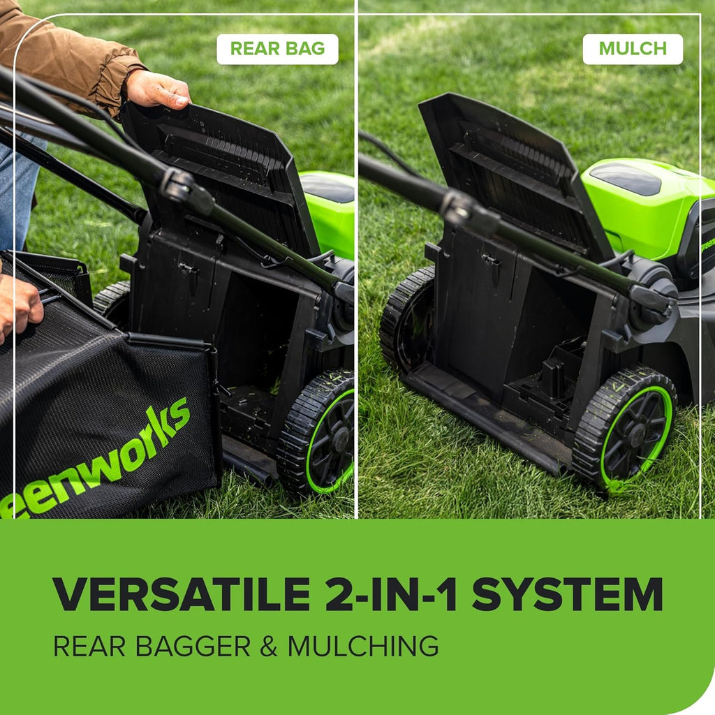 Tondeuse à gazon à gazon sans balais Greenworks 60 V 17 pouces (à pousser) + souffleur sans balais 60 V (610 CFM), batterie 4,0 Ah et chargeur 3 A