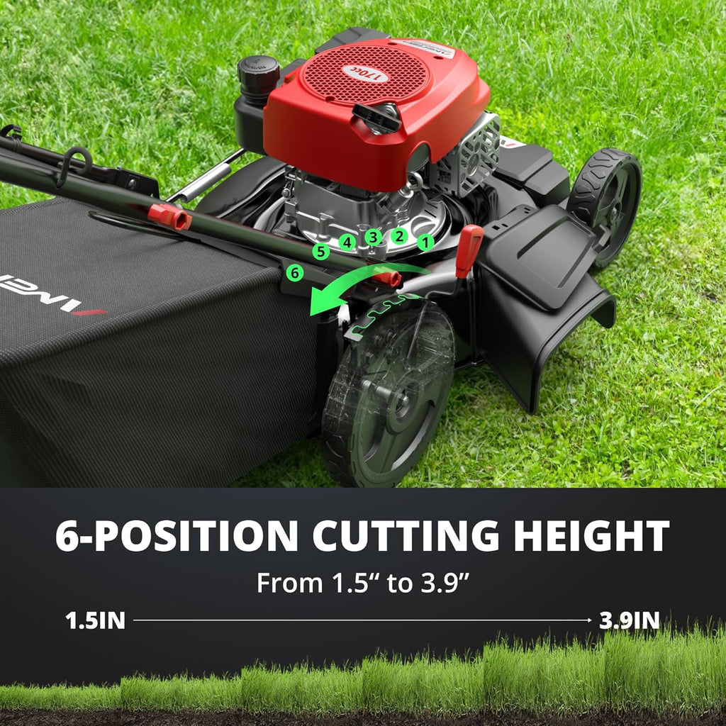 Tondeuse à gazon à gazon autotractée Amerisun 21, moteur OHV 170 cm³ avec refroidissement par air forcé, système 3 en 1, carter en acier, réglage de la hauteur de coupe sur 6 positions, poignée pliable