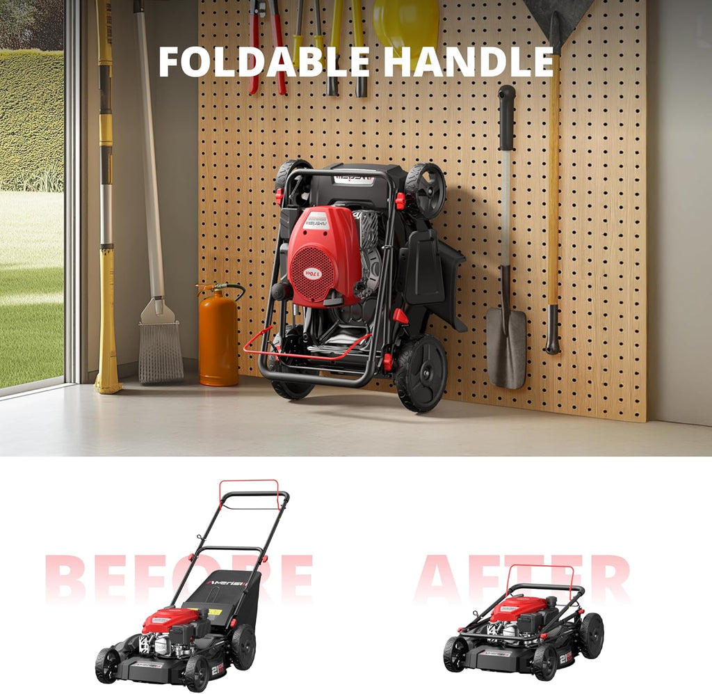 Tondeuse à gazon à gazon autotractée Amerisun 21, moteur OHV 170 cm³ avec refroidissement par air forcé, système 3 en 1, carter en acier, réglage de la hauteur de coupe sur 6 positions, poignée pliable