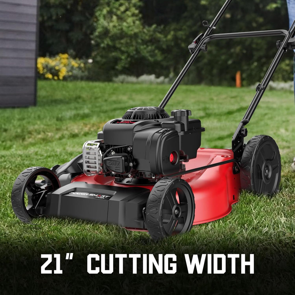 Tondeuse à gazon à gazon à essence PowerSmart de 53 cm (21 po) avec moteur Briggs & Stratton E300 de 125 cm³, tondeuse poussée 2 en 1 avec broyage et éjection latérale.