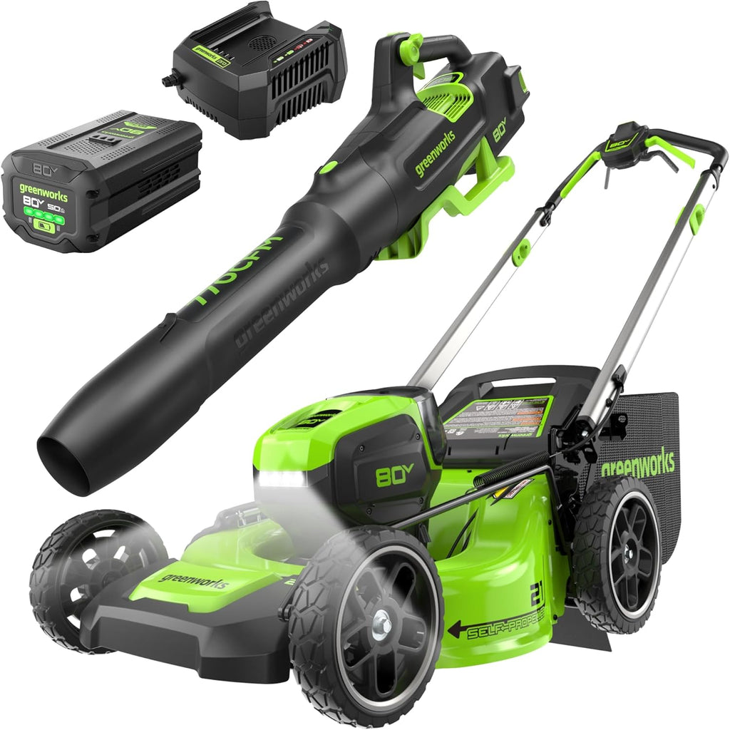 Tondeuse à gazon à gazon autotractée Greenworks 80V 21 avec souffleur (2e génération) Batterie 5,0 Ah