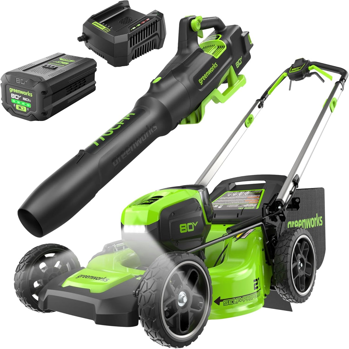 Tondeuse à gazon à gazon autotractée Greenworks 80V 21 avec souffleur (2e génération) Batterie 5,0 Ah