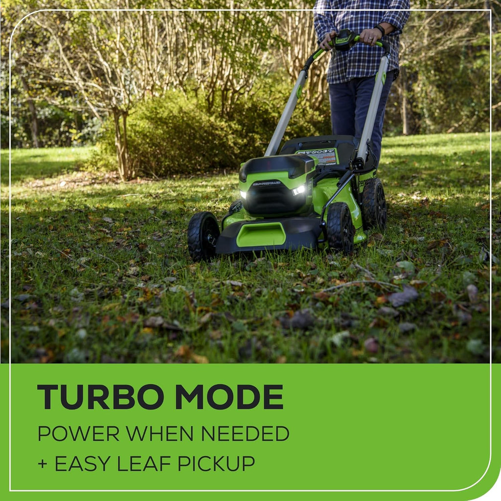 Tondeuse à gazon à gazon sans fil autotractée Greenworks 60V 21 avec moteur sans balais et éclairage LED. Comprend 2 batteries de 4,0 Ah et un chargeur rapide à double port (compatible avec plus de 75 outils, autonomie de 45 minutes).