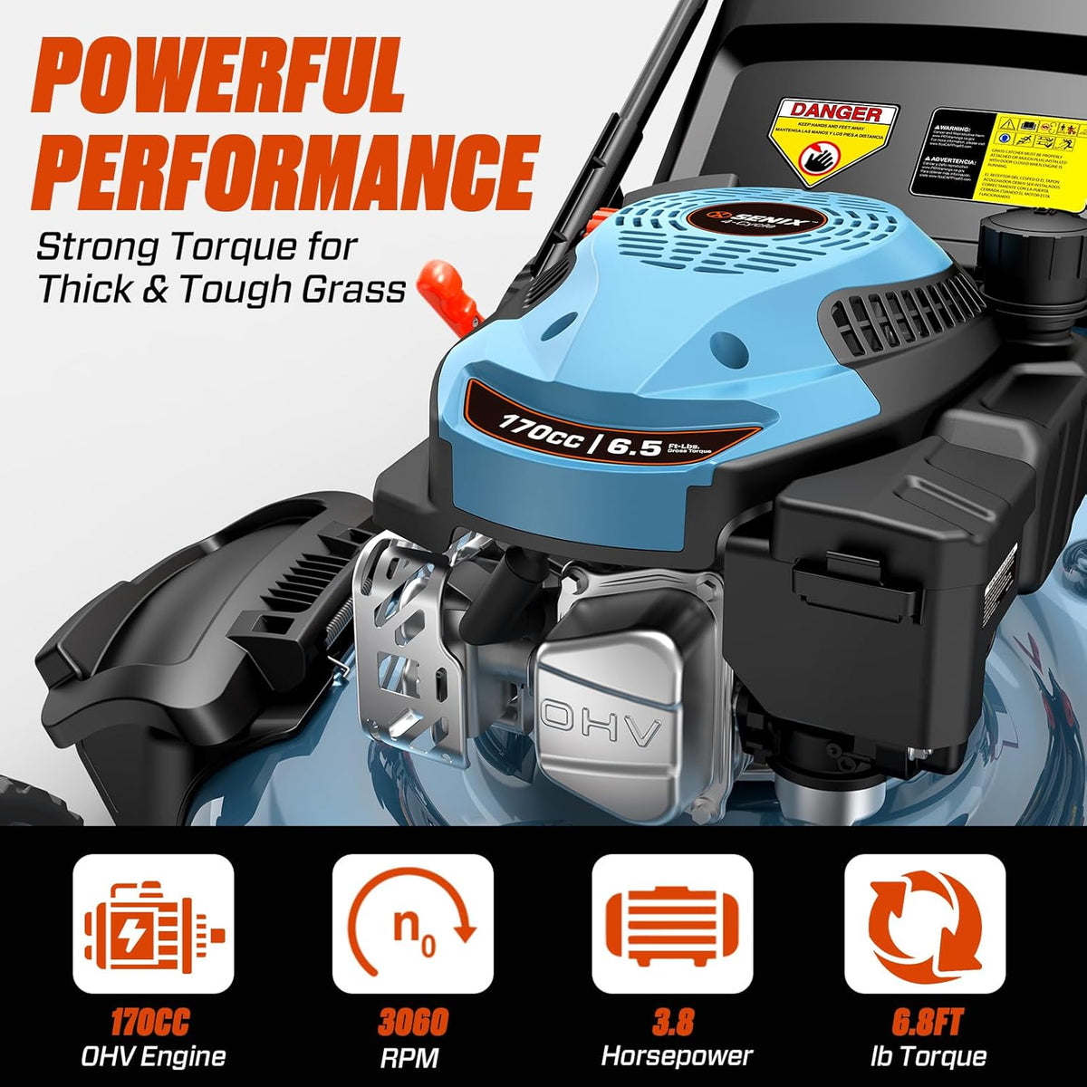 Tondeuse à gazon à gazon à essence SENIX 22" autotractée avec moteur OHV 4 temps de 170 cm³, tondeuse à gazon poussée 3 en 1, réglage de la hauteur de coupe sur 6 positions