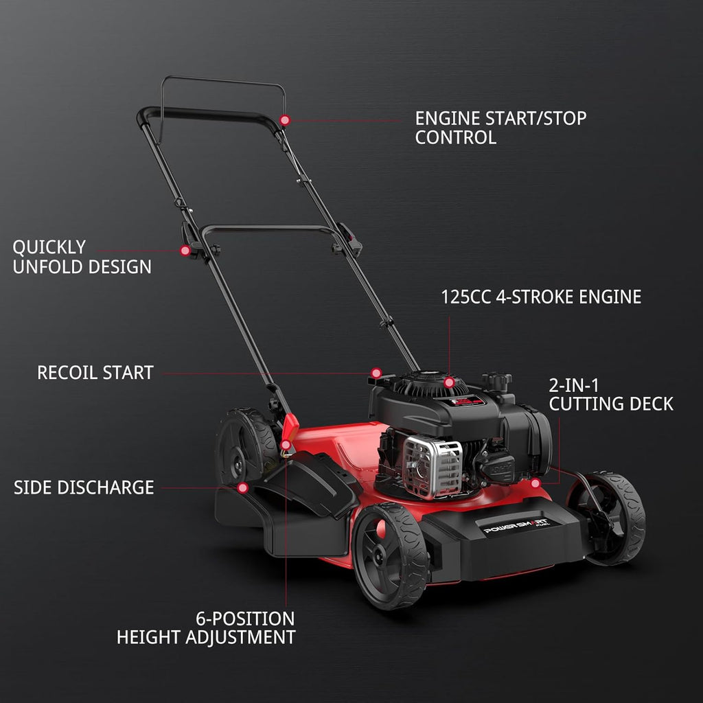 Tondeuse à gazon à gazon à essence PowerSmart de 53 cm (21 po) avec moteur Briggs & Stratton E300 de 125 cm³, tondeuse poussée 2 en 1 avec broyage et éjection latérale.