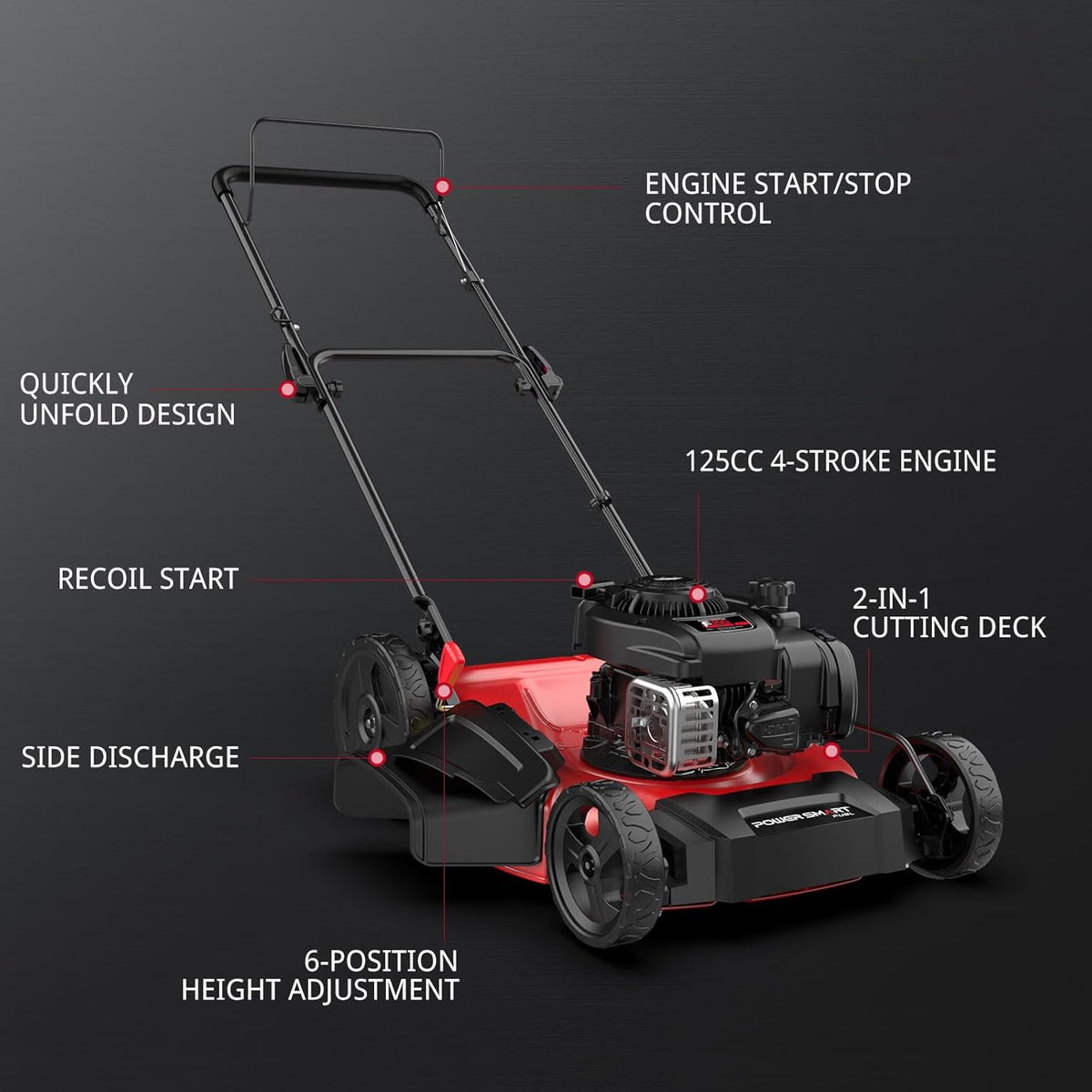 Tondeuse à gazon à gazon à essence PowerSmart de 53 cm (21 po) avec moteur Briggs & Stratton E300 de 125 cm³, tondeuse poussée 2 en 1 avec broyage et éjection latérale.
