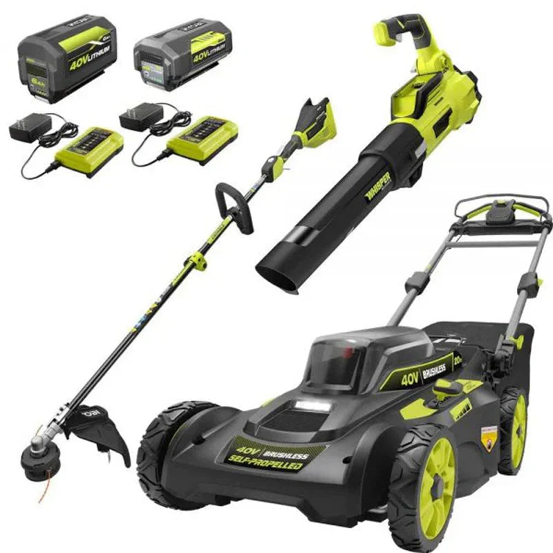 Tondeuse à gazon à gazon autotractée 40 V sans balais de 50 cm (20 po) avec coupe-bordures et souffleur de feuilles, livrée avec 2 batteries et 2 chargeurs.