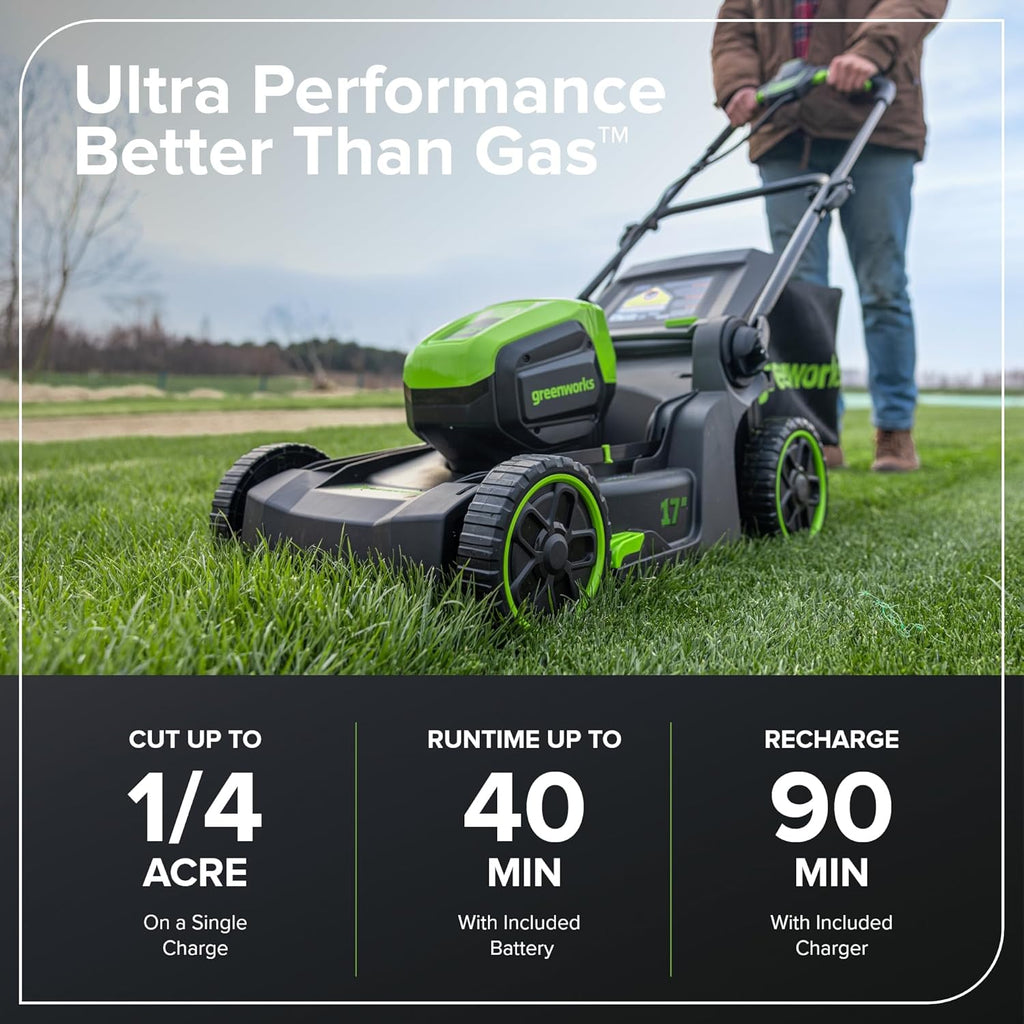 Tondeuse à gazon à gazon sans fil Greenworks 60V 17" sans balais, 2 en 1, mulching/ramassage, batterie 4,0 Ah et chargeur 3 A (autonomie de 40 min)