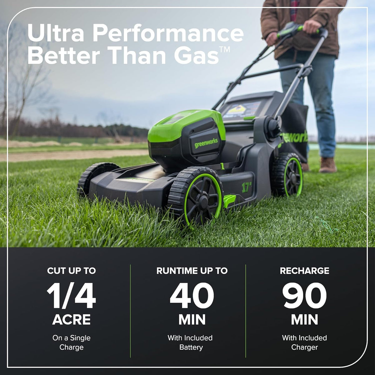 Tondeuse à gazon à gazon sans fil Greenworks 60V 17" sans balais, 2 en 1, mulching/ramassage, batterie 4,0 Ah et chargeur 3 A (autonomie de 40 min)