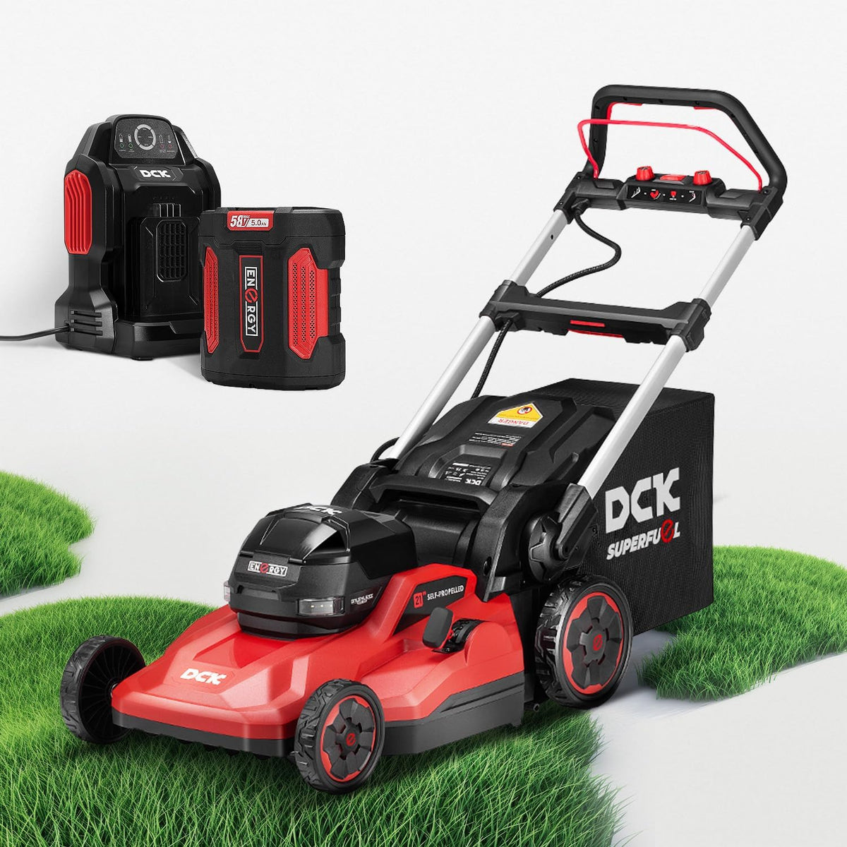 Tondeuse à gazon à gazon électrique sans fil 58 V 21 pouces, autotractée, moteur sans balais, 3 en 1 (tonte/ramassage/mulching), 7 hauteurs de coupe, pliable, éclairage LED, batterie 7,5 Ah et chargeur (60 min d'autonomie)