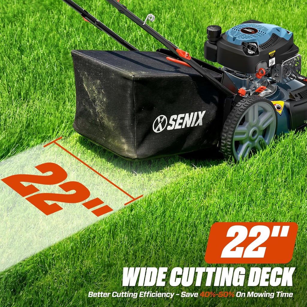Tondeuse à gazon à gazon à essence SENIX 22" autotractée avec moteur OHV 4 temps de 170 cm³, tondeuse à gazon poussée 3 en 1, réglage de la hauteur de coupe sur 6 positions