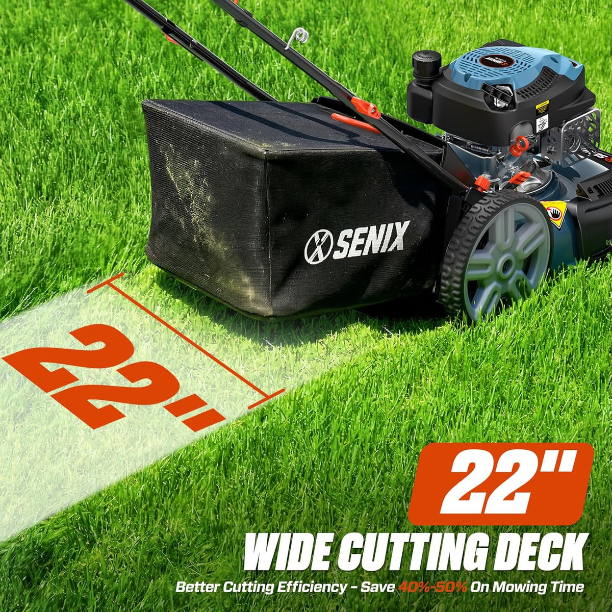Tondeuse à gazon à gazon à essence SENIX 22" autotractée avec moteur OHV 4 temps de 170 cm³, tondeuse à gazon poussée 3 en 1, réglage de la hauteur de coupe sur 6 positions