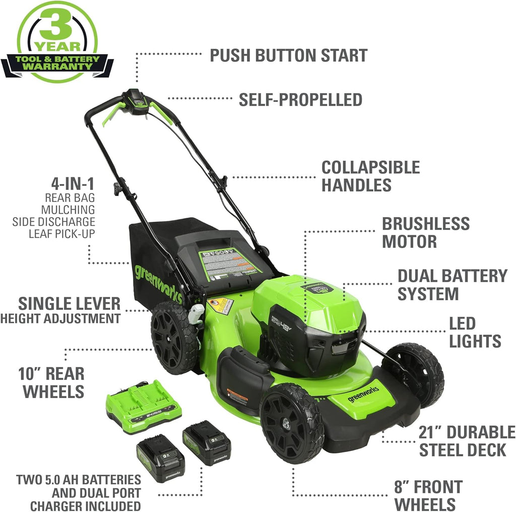 Tondeuse à gazon à gazon autotractée sans fil Greenworks 48 V (2 x 24 V) avec deux (2) batteries USB 5,0 Ah et chargeur ; kit coupe-bordures/dresse-bordures sans fil 24 V (outil seul).