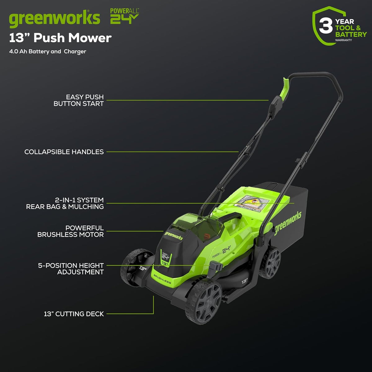 Tondeuse à gazon à gazon sans fil Greenworks 24 V 13" avec batterie 4,0 Ah et chargeur. Tondeuse à pousser sans entretien avec fonction mulching/ramassage 2 en 1.