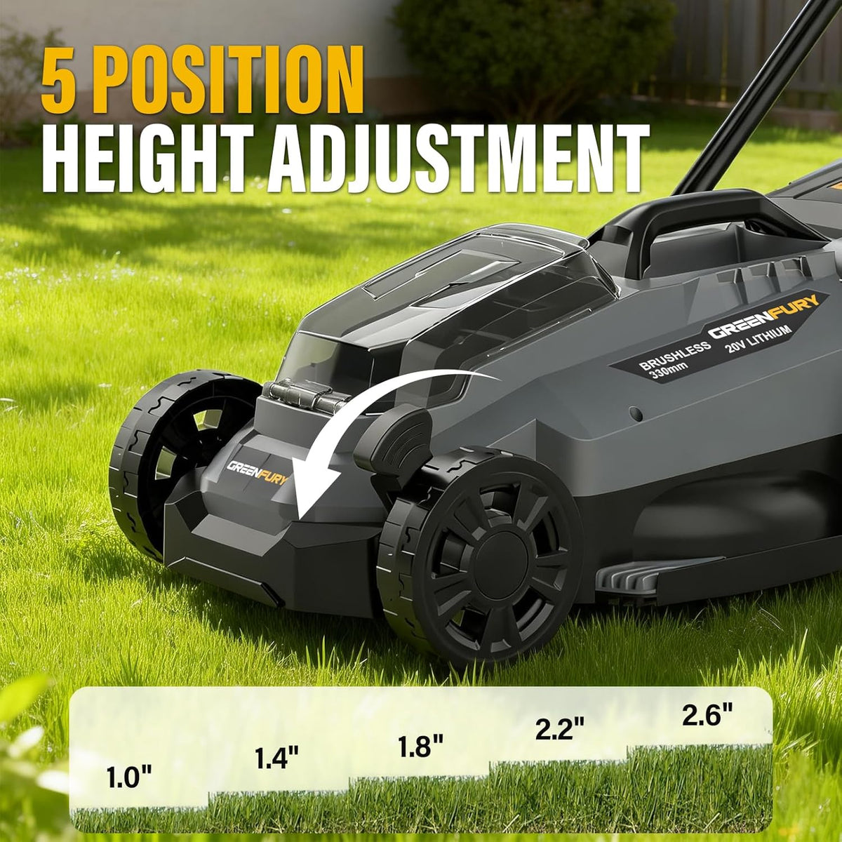 Tondeuse à gazon à gazon sans fil de 33 cm (13 pouces), compatible avec la batterie Dewalt 20V MAX, tondeuse électrique sans balais avec bac de ramassage de 30 litres (8 gallons), réglage de la hauteur de coupe sur 5 niveaux, pour petits jardins (bat
