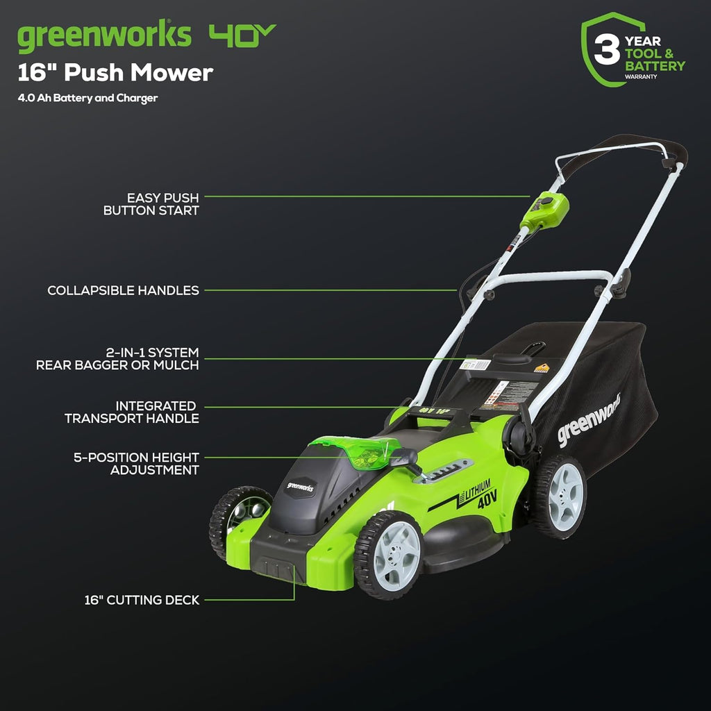 Tondeuse à gazon à gazon sans fil Greenworks 40V 16" ultra-légère à pousser avec batterie 4,0 Ah et chargeur (compatible avec plus de 75 outils, autonomie de 45 minutes)