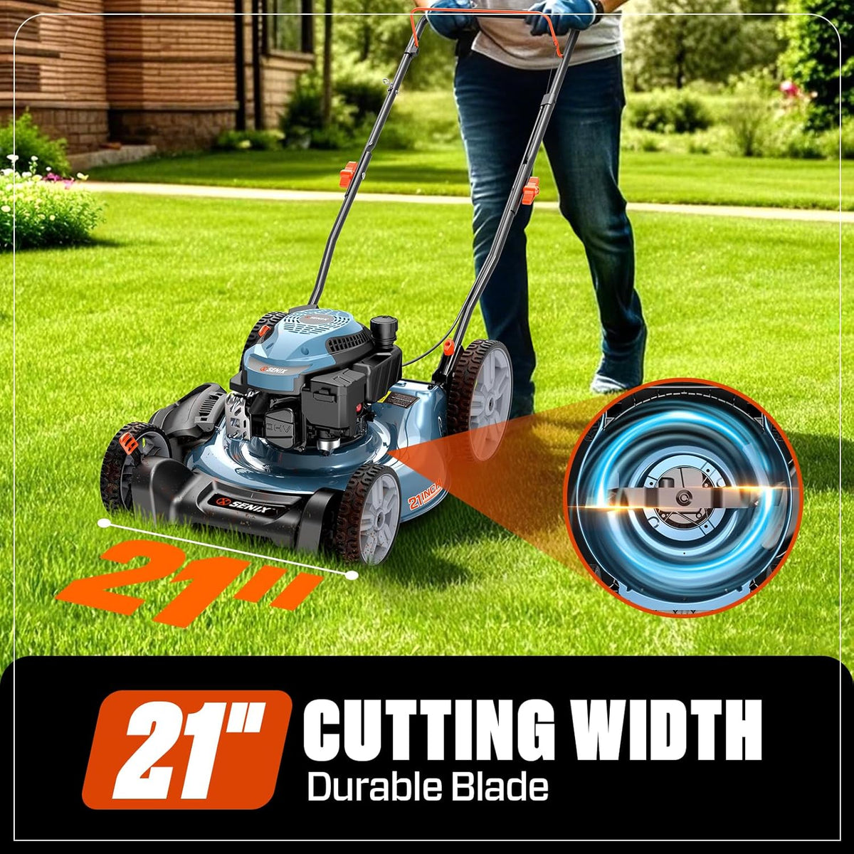 Tondeuse à gazon à gazon à essence SENIX 144 cm³, 53 cm (21 pouces), 2 en 1, poussée avec mulching et éjection latérale, moteur 4 temps, 6 hauteurs de coupe réglables pour jardin et cour.
