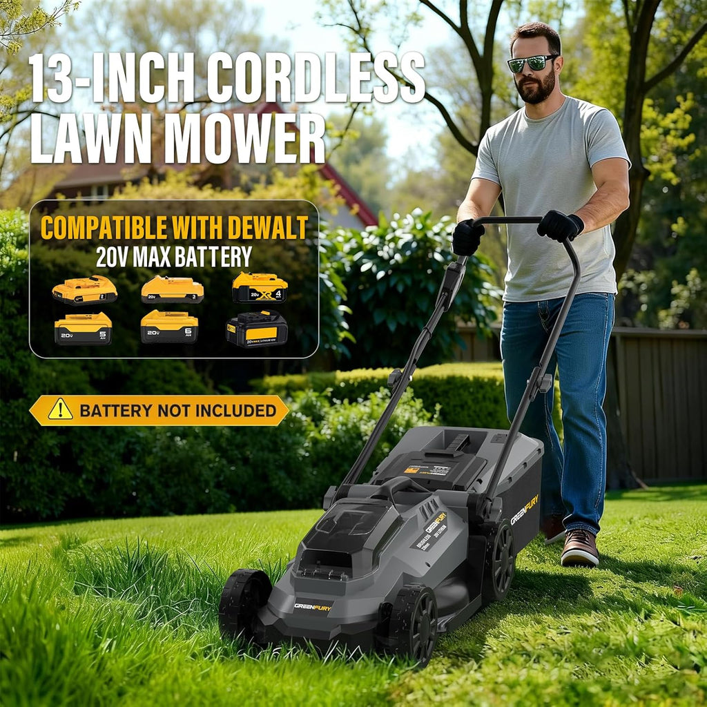 Tondeuse à gazon à gazon sans fil de 33 cm (13 pouces), compatible avec la batterie Dewalt 20V MAX, tondeuse électrique sans balais avec bac de ramassage de 30 litres (8 gallons), réglage de la hauteur de coupe sur 5 niveaux, pour petits jardins (bat