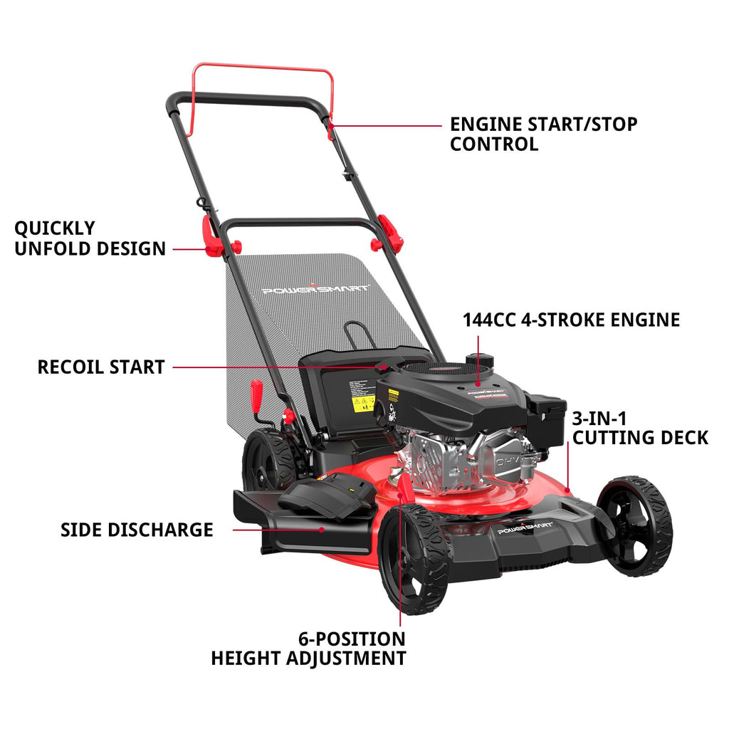 Tondeuse à gazon à gazon à essence POWERSMART EasyGlide 53 cm (21 pouces) - 3 en 1 144 cm³