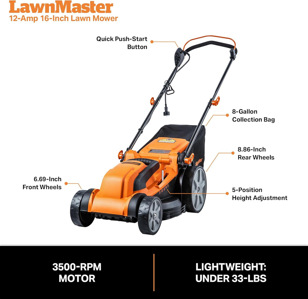 Tondeuse à gazon à gazon électrique LawnMaster MEB1216K, 40 cm (16 pouces), 12 A