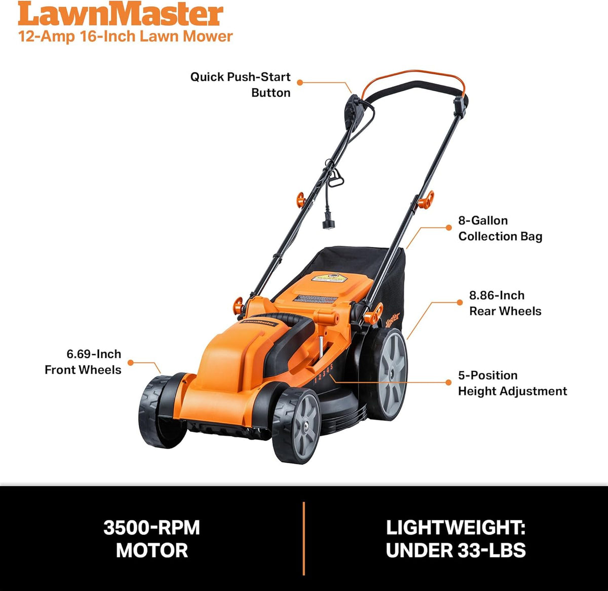 Tondeuse à gazon à gazon électrique LawnMaster MEB1216K, 40 cm (16 pouces), 12 A