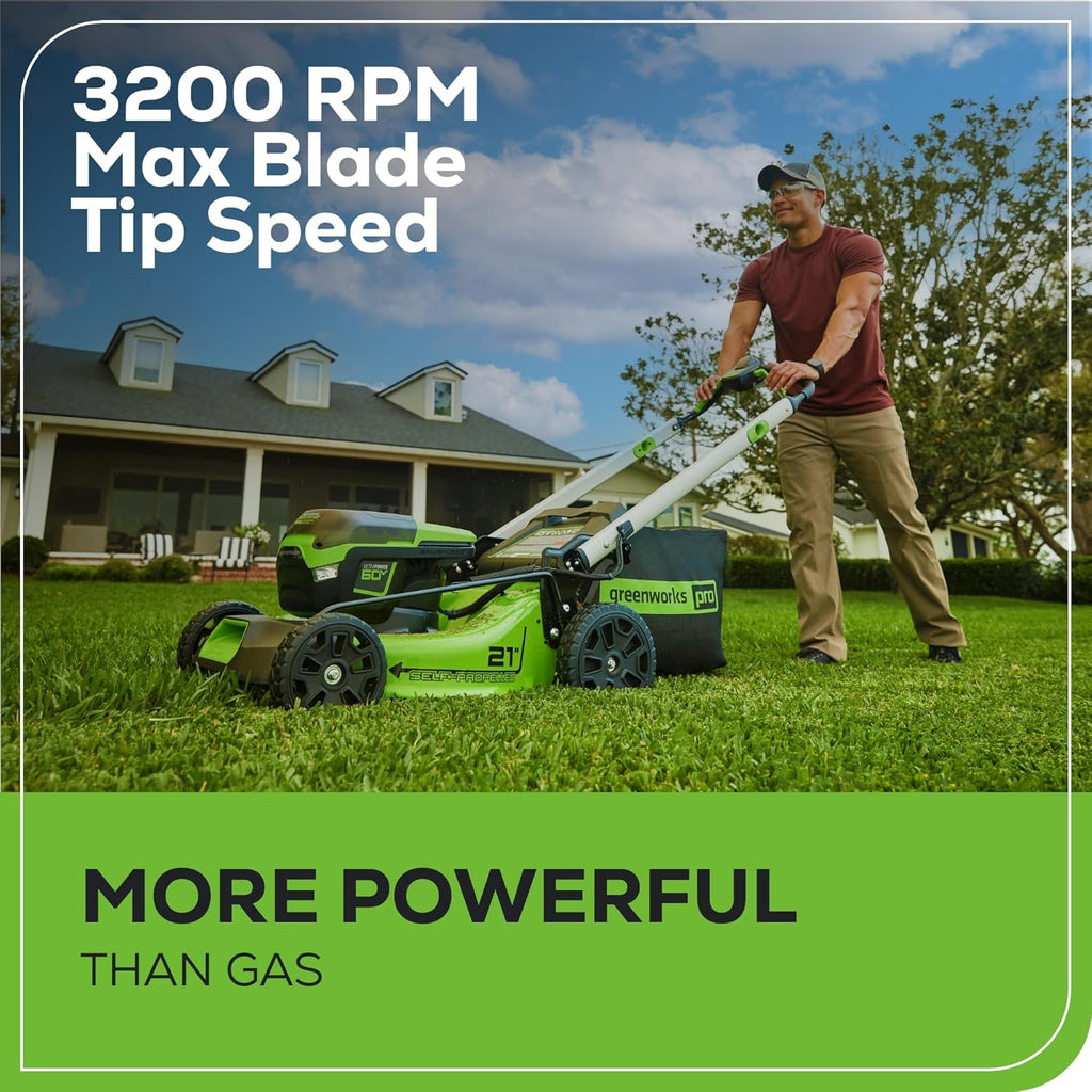 Tondeuse à gazon à gazon sans fil autotractée Greenworks 60V 21 avec moteur sans balais et éclairage LED. Comprend 2 batteries de 4,0 Ah et un chargeur rapide à double port (compatible avec plus de 75 outils, autonomie de 45 minutes).