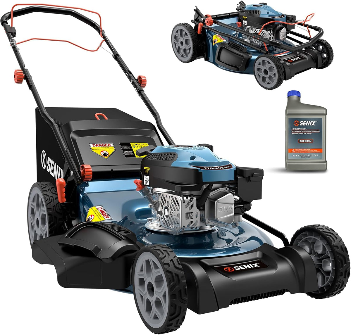 Tondeuse à gazon à gazon à essence SENIX 22" autotractée avec moteur OHV 4 temps de 170 cm³, tondeuse à gazon poussée 3 en 1, réglage de la hauteur de coupe sur 6 positions