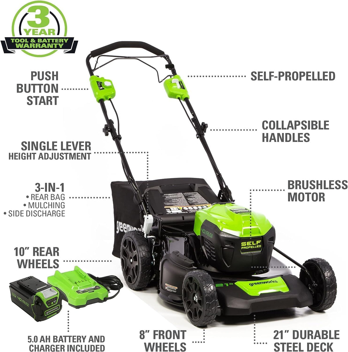 Tondeuse à gazon à gazon autotractée Greenworks 40V 21, souffleur de feuilles axial (500 CFM / 120 MPH), coupe-bordures 13 pouces avec 2 batteries (5 Ah + 2 Ah) et chargeurs