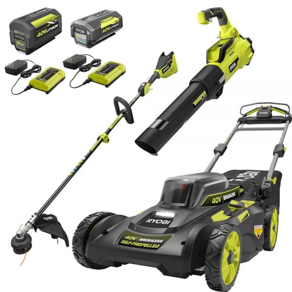 Tondeuse à gazon à gazon autotractée 40 V sans balais de 50 cm (20 po) avec coupe-bordures et souffleur de feuilles, livrée avec 2 batteries et 2 chargeurs.