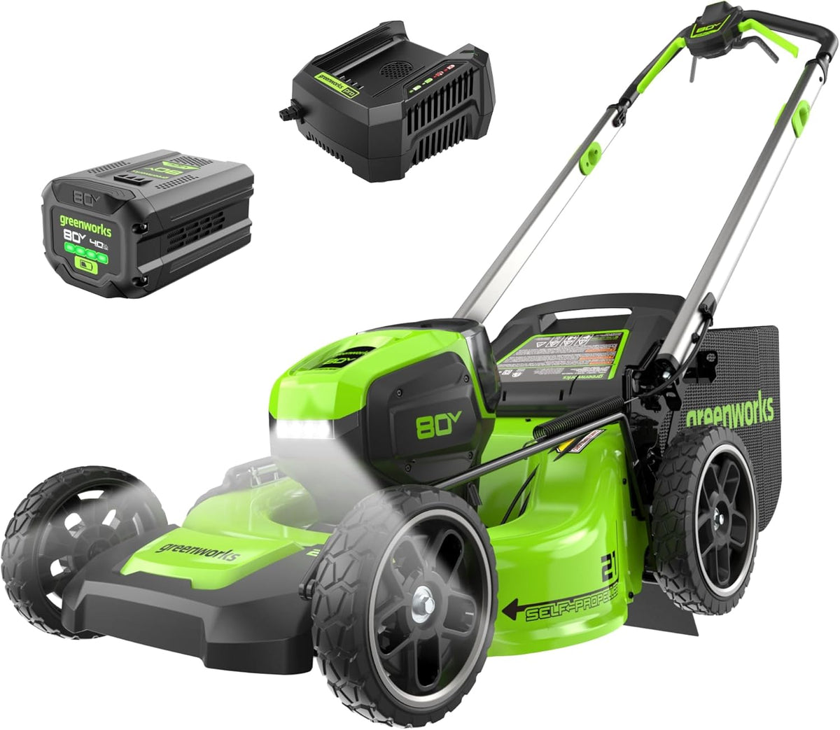 Tondeuse à gazon à gazon sans fil autotractée Greenworks 80V 21 – Moteur sans balais, éclairage LED, batterie 4,0 Ah et chargeur rapide (plus de 75 outils compatibles)