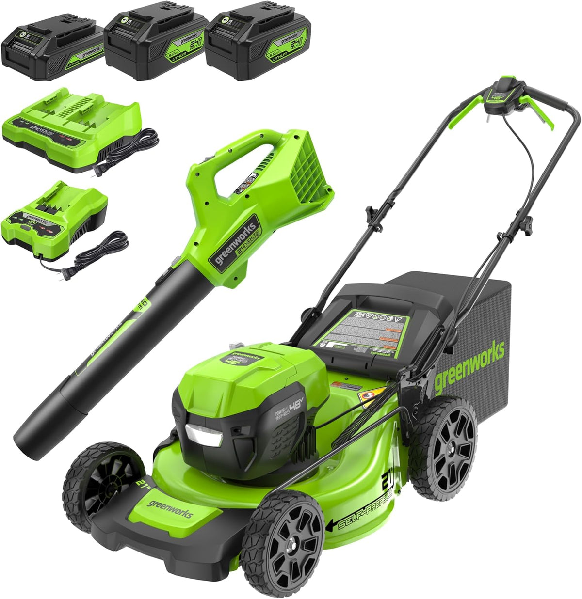 Kit combiné tondeuse à gazon autotractée sans fil Greenworks 48 V (24 V x 2) 21 et souffleur 320 CFM avec (2) batteries USB 5,0 Ah, (1) batterie 2,0 Ah et chargeurs