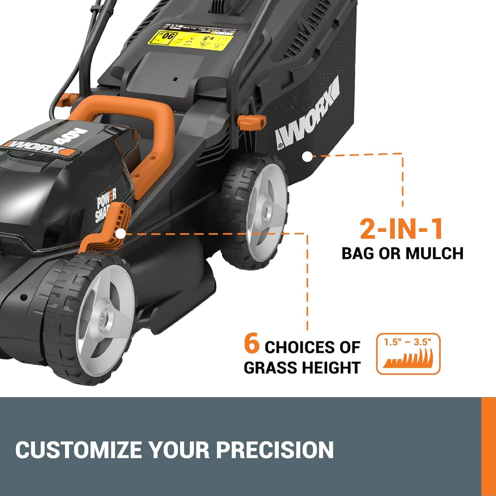 Tondeuse à gazon à gazon sans fil WORX 14 2 en 1 : tondeuse électrique silencieuse, compacte et légère, avec réglage de la hauteur de coupe sur 6 positions pour les petits jardins. 2 batteries et un chargeur inclus. WG779